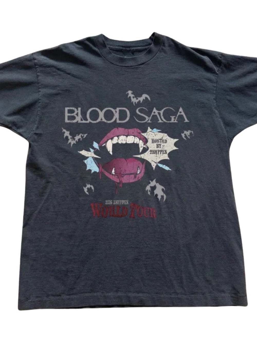 Black 'Blood Saga' Graphic Tee with Pink Lips and Red Tour Text